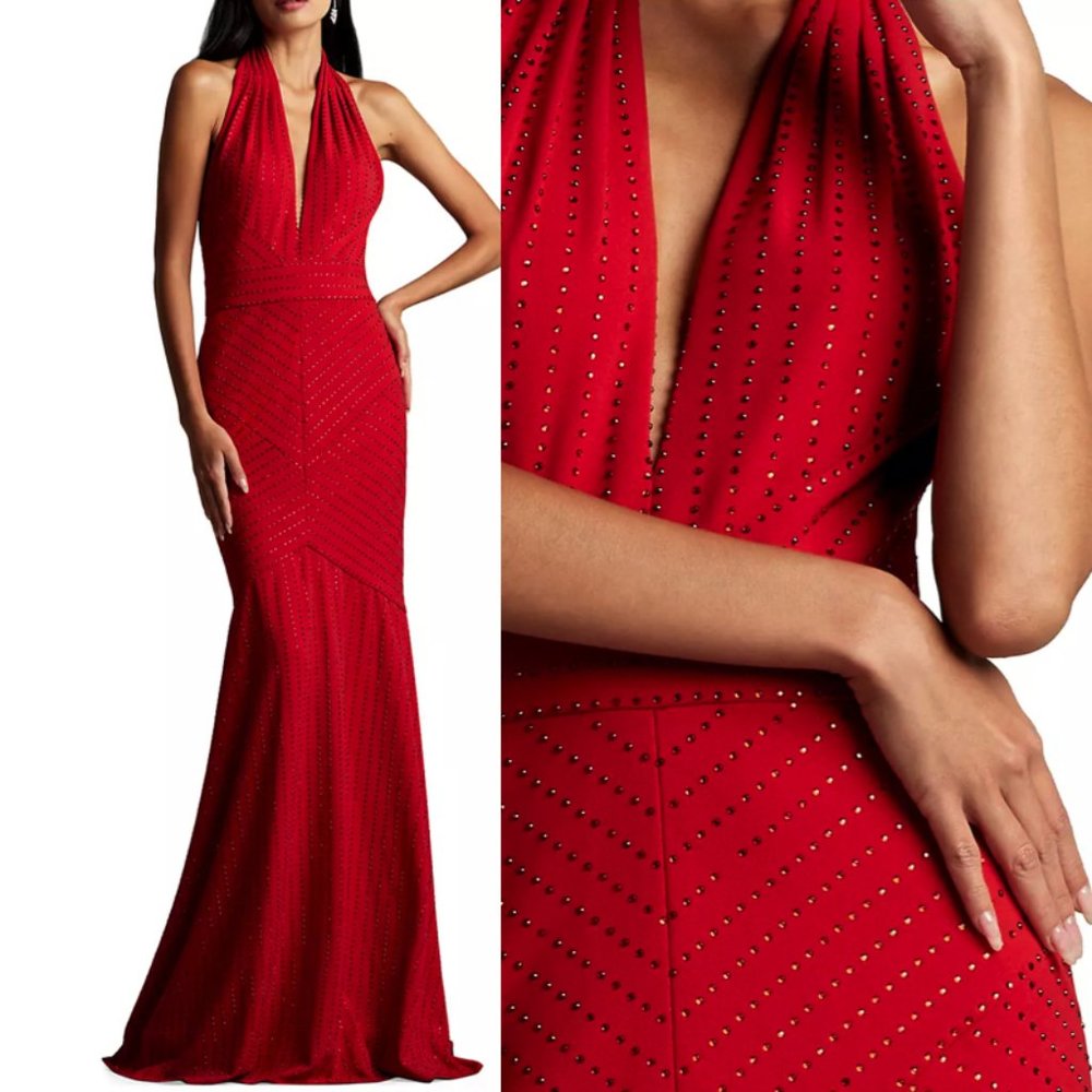 NWT TADASHI SHOJI VANIE Diamante Plunge Halter Gown Dress Lava red